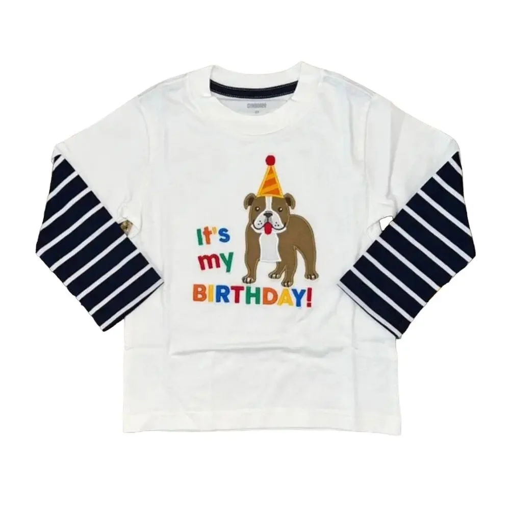 NWT Gymboree Boys Ivory and Navy Striped Embroidered Dog Birthday Shirt